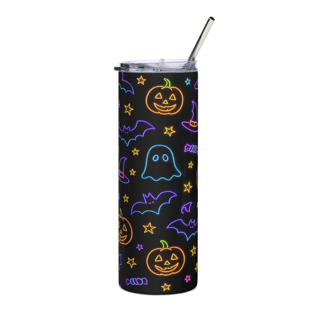 Black Halloween tumbler with neon ghost and pumpkin pattern