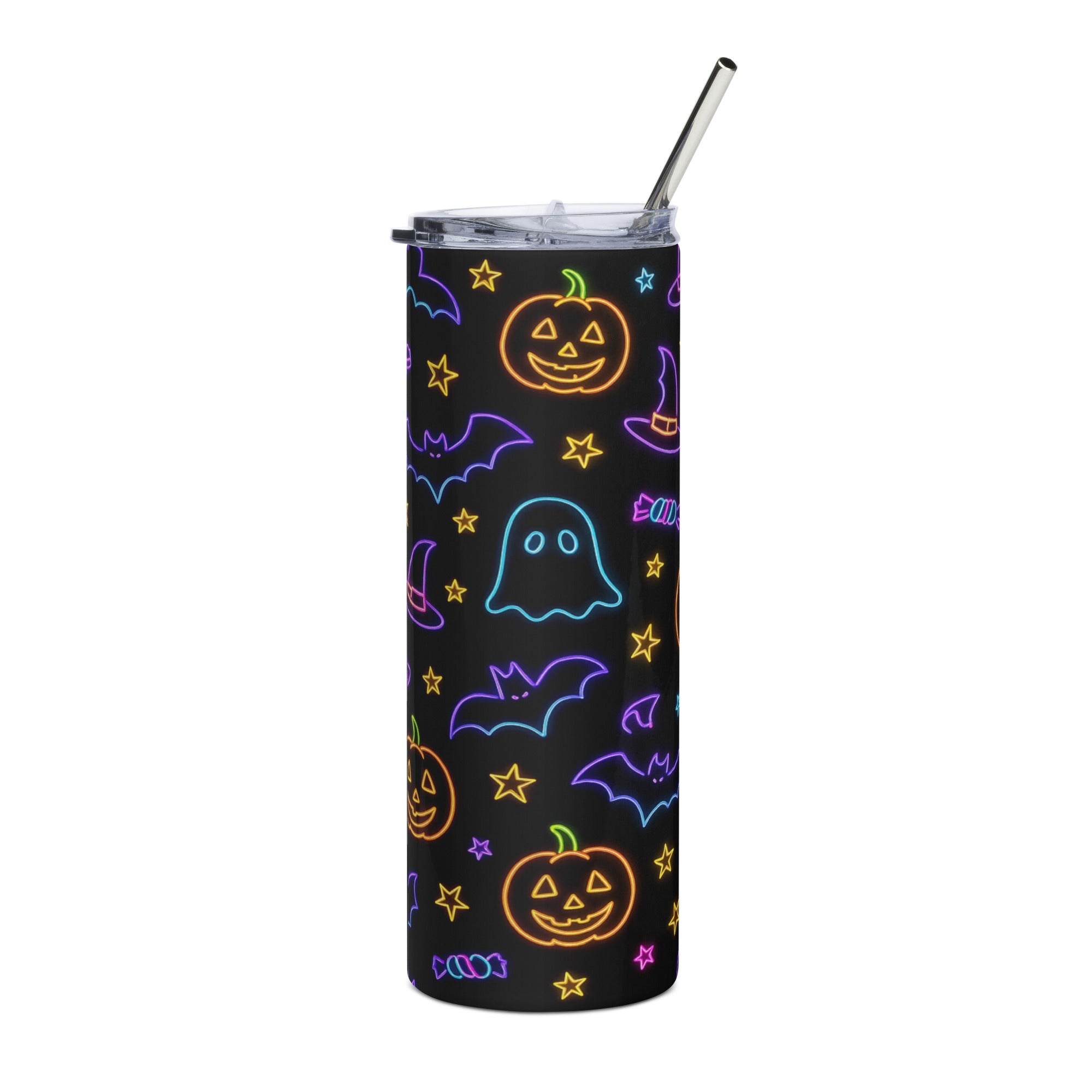 Black Halloween tumbler with neon ghost and pumpkin pattern