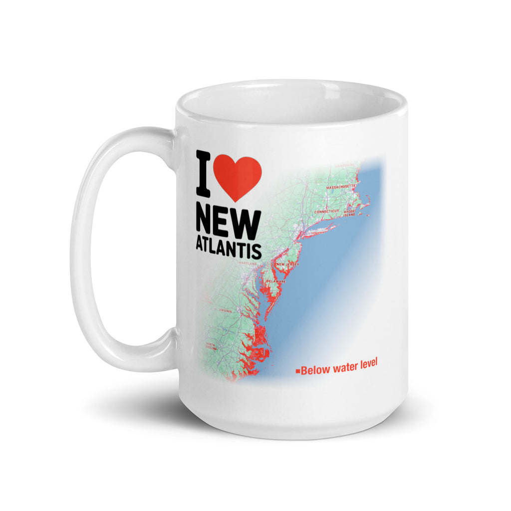 I Love New Atlantis climate change mug with flooded East Coast map design – sarcastic sea level rise gift for environmentalists and eco activists.