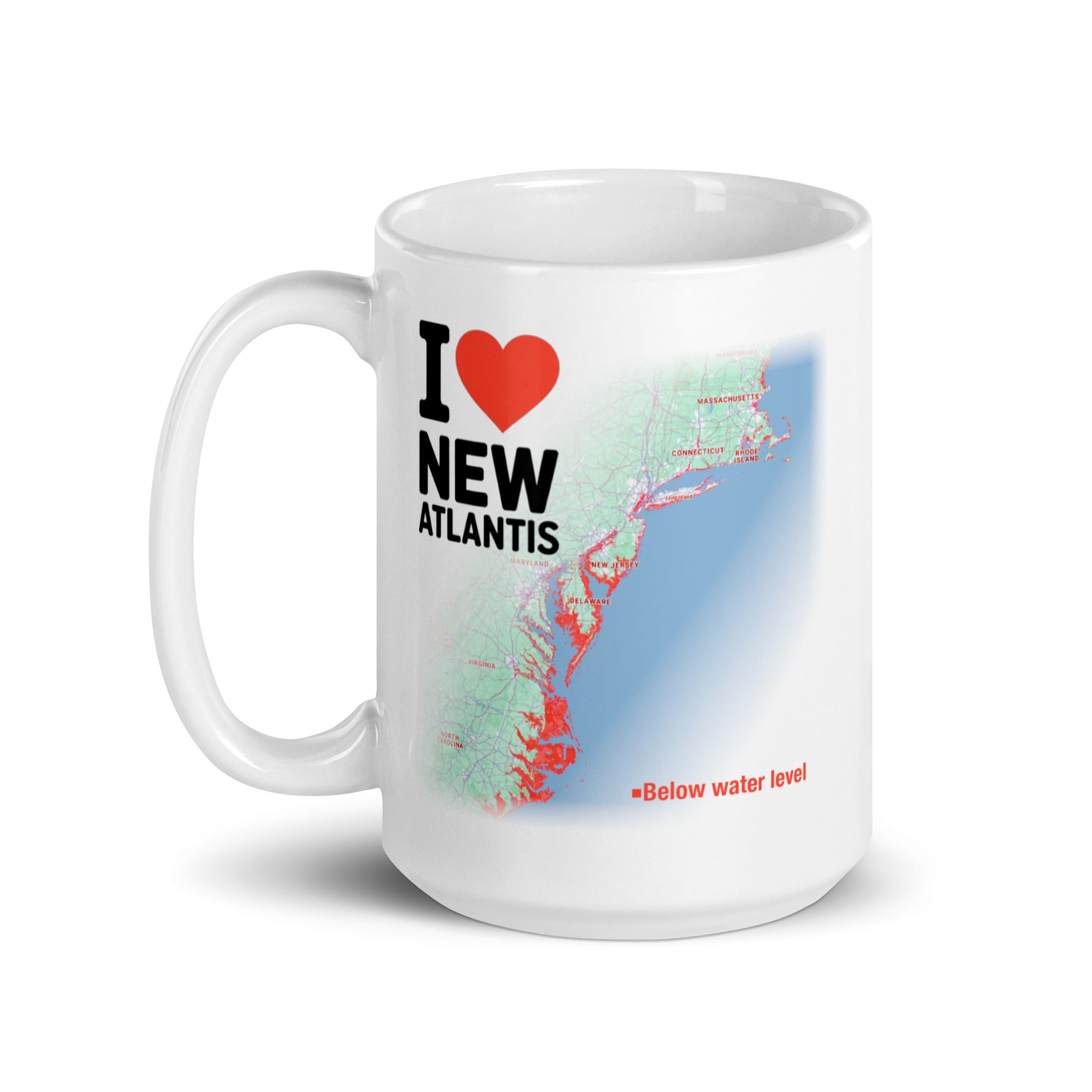 I Love New Atlantis climate change mug with flooded East Coast map design – sarcastic sea level rise gift for environmentalists and eco activists.